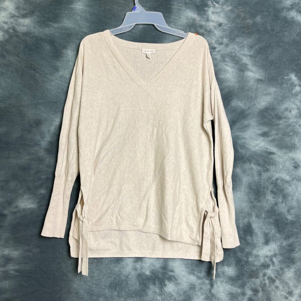 Garnet Hill Women Organic Cotton V-Neck Tan Sweater Tie Accent Long Sleeve Sz SM